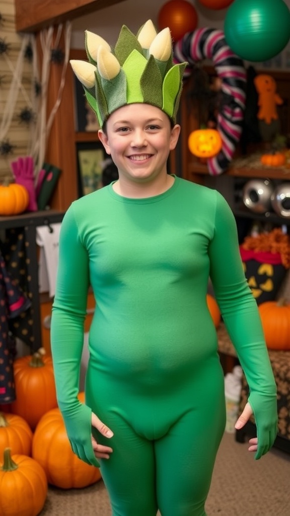 A creative individual in an asparagus costume, surrounded by Halloween decorations.